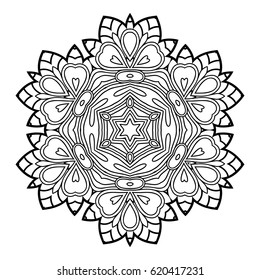 Mandala. Black and white hexagonal decorative element. Picture for coloring.