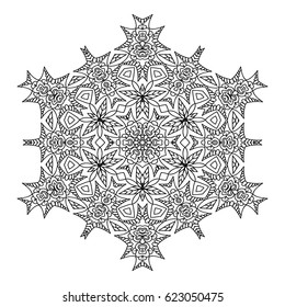 Mandala. Black and white hexagonal decorative element. Picture for coloring.