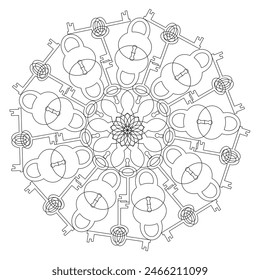 Mandala blanco y negro con cerraduras y llaves sobre un fondo blanco