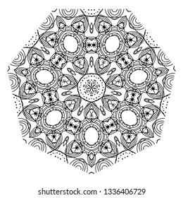 Mandala black and white. Oriental pattern coloring for adults. Decorative monochrome ethnic mandala pattern. Anti-stress coloring book page for adults. - Vector illustration
