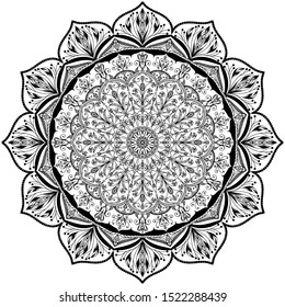 Mandala. Black and white oriental pattern. Ethnic motive. Coloring book. Template for a tattoo, henna ornanent. Psychedelic vector.