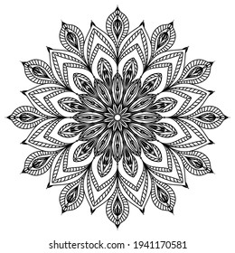 Mandala. Patrón oriental blanco y negro. Motivo étnico. Libro de colorear. Plantilla para un tatuaje, henna ornanent. Vector psicodélico.