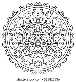 Mandala. Black and white round ornament. Vector illustration.