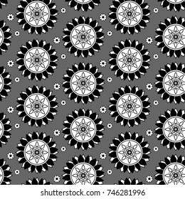 Mandala black and white and small flower, seamless pattern half-drop repeat, background vector EPS10.