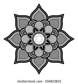 Mandala, a black and white vector illustration of meditation mandala as a flower shape