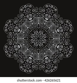 Mandala black-white. Black background.
