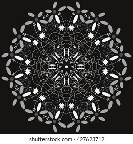 Mandala black-white. Black background. Contrast colors.