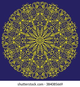 Mandala in blue background
Image mandala resembles a very delicate snowflake yellow on a blue background a complex pattern of butterflies, ladybugs, flowers
