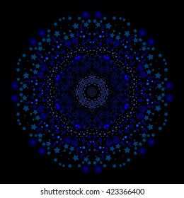 Mandala blue. Black background. Dark blue colors.
