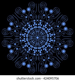 Mandala blue. Black background. Symbol of water.