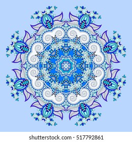 mandala, blue circle decorative spiritual indian symbol of lotus flower, round ornament pattern, vector illustration