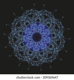Mandala blue. Dark blue, black background. Brilliant light inside, royal oriental mandala. Very beautiful and charming. 'Night sky" mandala.