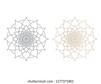 Mandala of blue and gold color, abstraction of flower petals, geometric patterned flower, vector illustration on white background