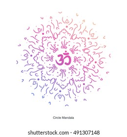 Mandala with blue, pink and yellow color with sigh om or aum 