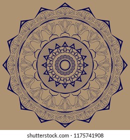 mandala blue with plant motives on a brown background. Vector Image