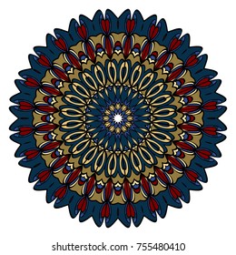 Mandala. Blue, red, gold color flower ornament. Vector illustration