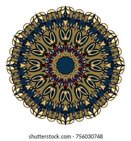 Mandala. Blue, red, gold color flower ornament. Vector illustration