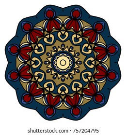 Mandala. Blue, red, gold color flower ornament. Vector illustration
