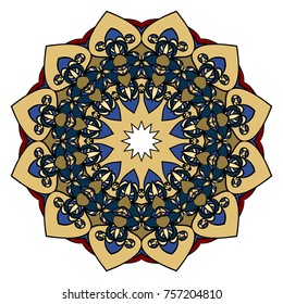 Mandala. Blue, red, gold color flower ornament. Vector illustration