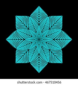 Mandala. Blue round ornament pattern on black background.