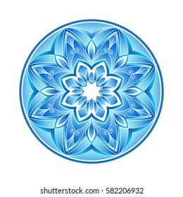 Mandala. Blue round ornament pattern on white background.