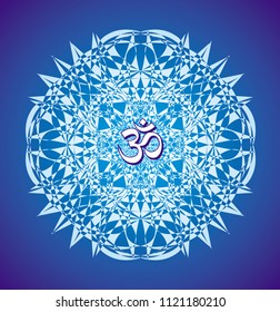 Mandala in blue tones with the Aum / Om / Ohm sign. Openwork ornament. Vector drawing.