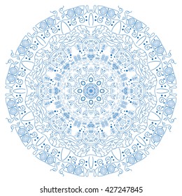 Mandala blue. White background. Beautiful blue circle.