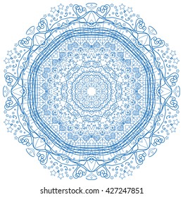 Mandala blue. White background. Beautiful blue circle.