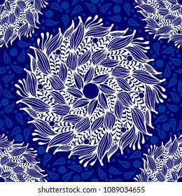 Mandala boho design for Porcelain organic natural vector graphic pattern seamless with blue and white tone background