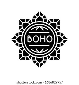 Mandala, boho flower black glyph icon. Floral decorative esoteric element in bohemian style. Indian abstract lotus, oriental sign. Silhouette symbol on white space. Vector isolated illustration