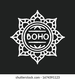Mandala, boho flower chalk white icon on black background. Floral decorative esoteric element in bohemian style. Indian abstract lotus. Isolated vector chalkboard illustration