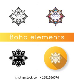 Mandala, boho flower icon. Floral decorative esoteric element in bohemian style. Indian abstract lotus, oriental yoga and zen symbol. Linear black and RGB color styles. Isolated vector illustrations