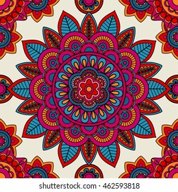 Mandala boho hand drawn seamless pattern. Vector illustration
