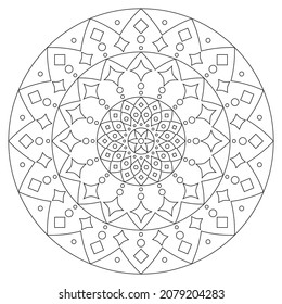 Mandala boho vector outline design, Indian deocorative zen coloring book pattern, Asian ethnic decor in black and white. Geometric mandala illustration, monochrome yoga symmetric background