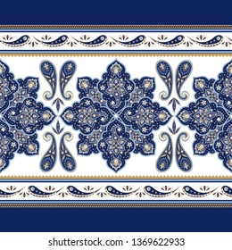Mandala border indian paisley pattern vector seamless. Arabesque flower medallion motif for fabric or wallpaper. Vintage floral ornament print. Ethnic design for women scarf, clothing or blanket.