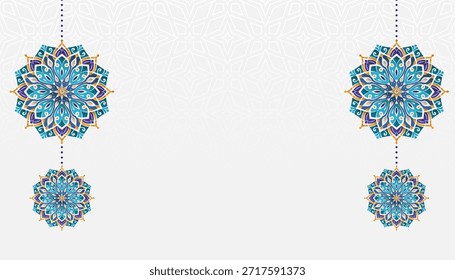 Mandala border for Ramadan Kareem Eid Mubarak. Arabesque Islamic background banner invitation card template with colourful mandala. Translation: "Muslim fasting month and celebration day".