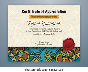 Mandala Bordered Certificate of Appreciation Template Design for Yoga Class. Vector illustration