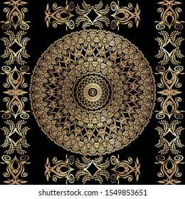 Mandala and borders vector seamless pattern. Floral arabic style round ornament. Vintage ethnic gold flowers, leaves, dots, frame, circles. Border design. Ornamental mandala background.
