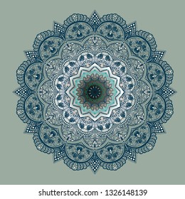 
Mandala - bright circular pattern, floral motifs. The background is light green, the pattern is emerald and gray. The perfect color combination for the bedroom. National patterns, harmonious design.