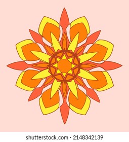 mandala of bright sunny colors. Round floral mandala, stylized as a symmetrical pattern of orange-yellow flower petals on white hand-drawn vector isolated boho element for your design template