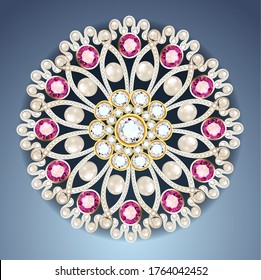 Mandala brooch jewelry, design element.  pearl vintage ornamental background.