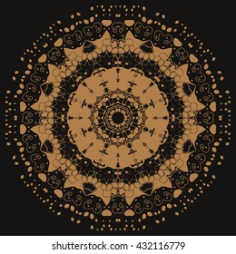 Mandala brown. Black background. Interesting curves, a beautiful dream catcher. Magic picture, magic symbol.