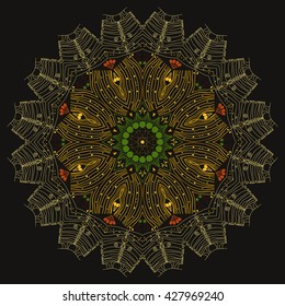 Mandala brown. Black background. Traditional motifs. Beautiful flower. Dream catcher, magic from the inside.