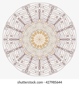 Mandala brown. White background. Traditional motifs. A beautiful web. Dream catcher, magic from the inside. The strings of the web.