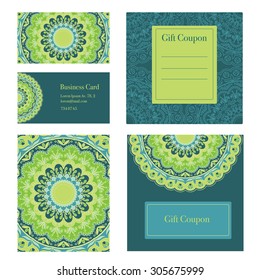 Mandala business set. Vector background. Business cards, invitation, sale coupon, gift coupon. Vintage decorative elements. Hand drawn background. Islam, arabic, indian, ottoman motifs.