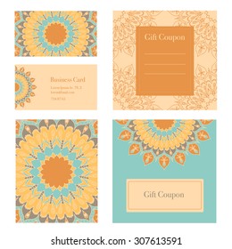 Mandala business set. Vector background. Business cards, invitation, sale coupon, gift coupon. Vintage decorative elements. Hand drawn background. Islam, arabic, indian, ottoman motifs.