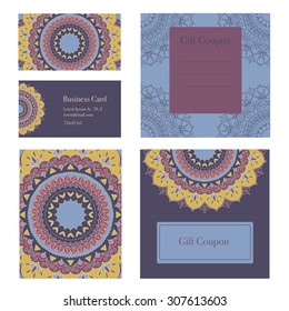 Mandala business set. Vector background. Business cards, invitation, sale coupon, gift coupon. Vintage decorative elements. Hand drawn background. Islam, arabic, indian, ottoman motifs.
