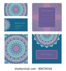 Mandala business set. Vector background. Business cards, invitation, sale coupon, gift coupon. Vintage decorative elements. Hand drawn background. Islam, arabic, indian, ottoman motifs.