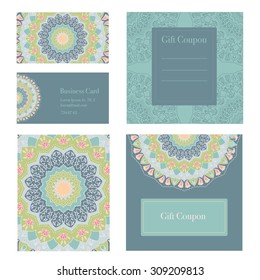 Mandala business set. Vector background. Business cards, invitation, sale coupon, gift coupon. Vintage decorative elements. Hand drawn background. Islam, arabic, Indian, ottoman motifs.