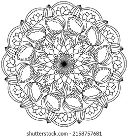 mandala with butterflies and flowers, meditative coloring page with ornate patterns vector illustration